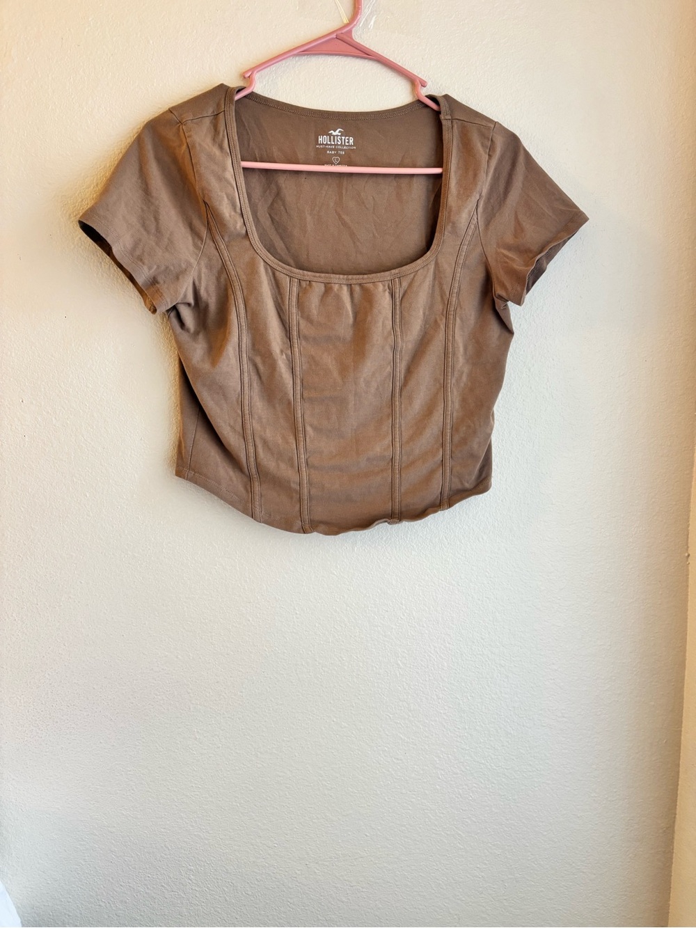 Hollister Brown Corset Seam Baby Tee Square Neck Fitted Top Size Large